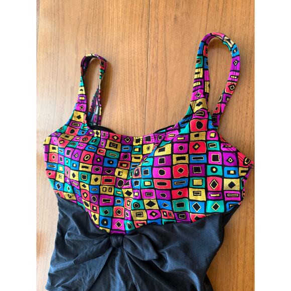 Vintage 80s Oscar de la Renta Swimsuit Size 16 Geometric Metallic Slimming - Picture 4 of 11